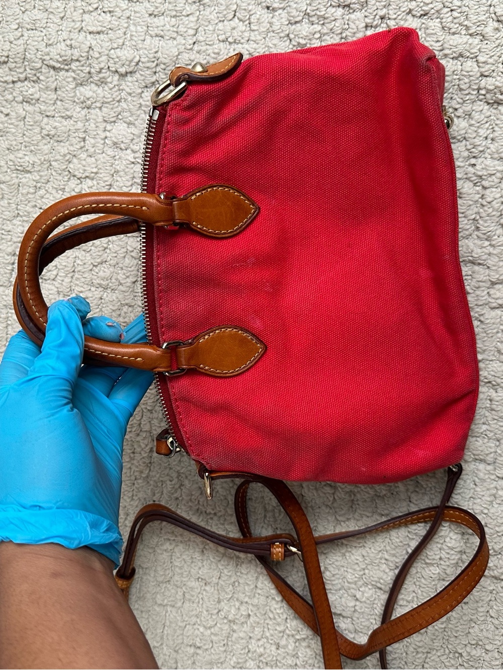 Dooney & Bourke Red Canvas Mini Satchel with Brown Leather Trim - Picture 5 of 6